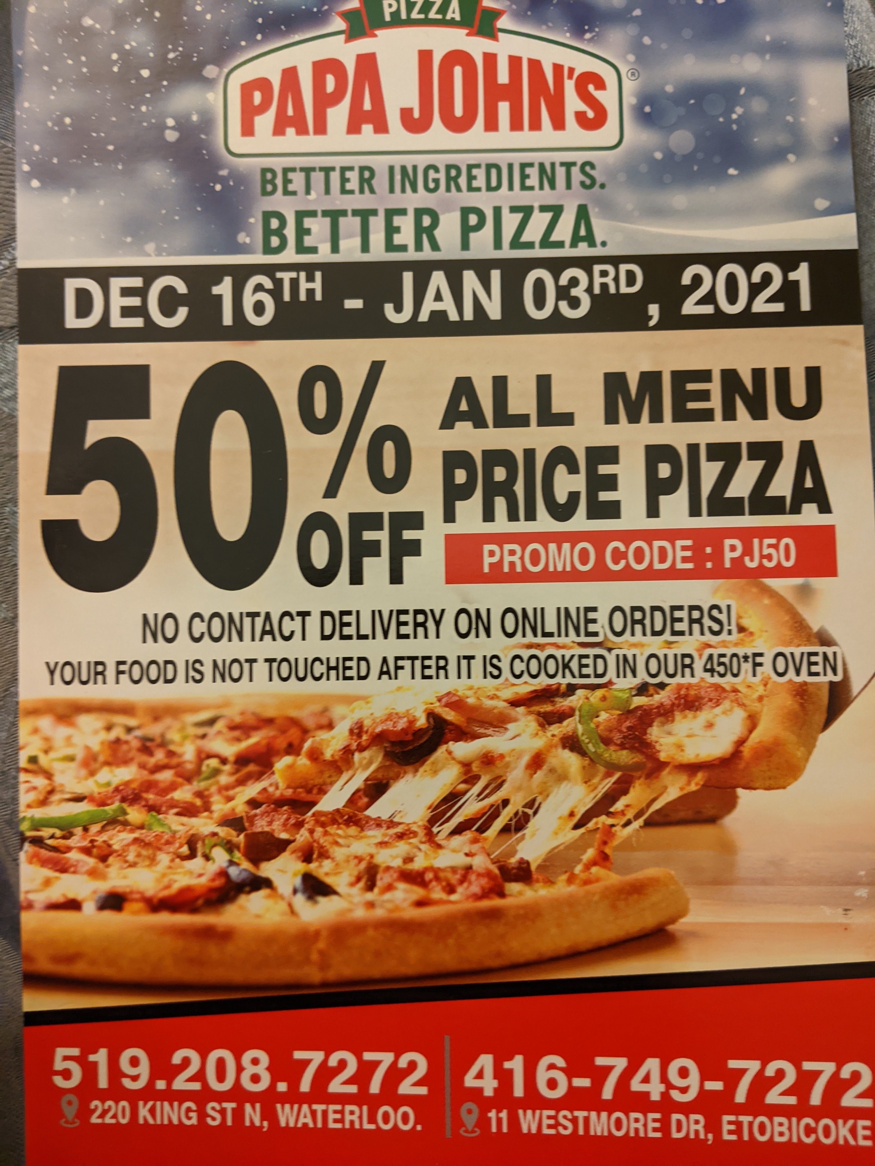 [Papa John's Pizza] Papa Johns 50 off Dec 16thJan 03rd