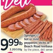 Springer's Hot Or Mild Pepperoni Sticks Or Beach Road Kielbasa - $9.99/lb